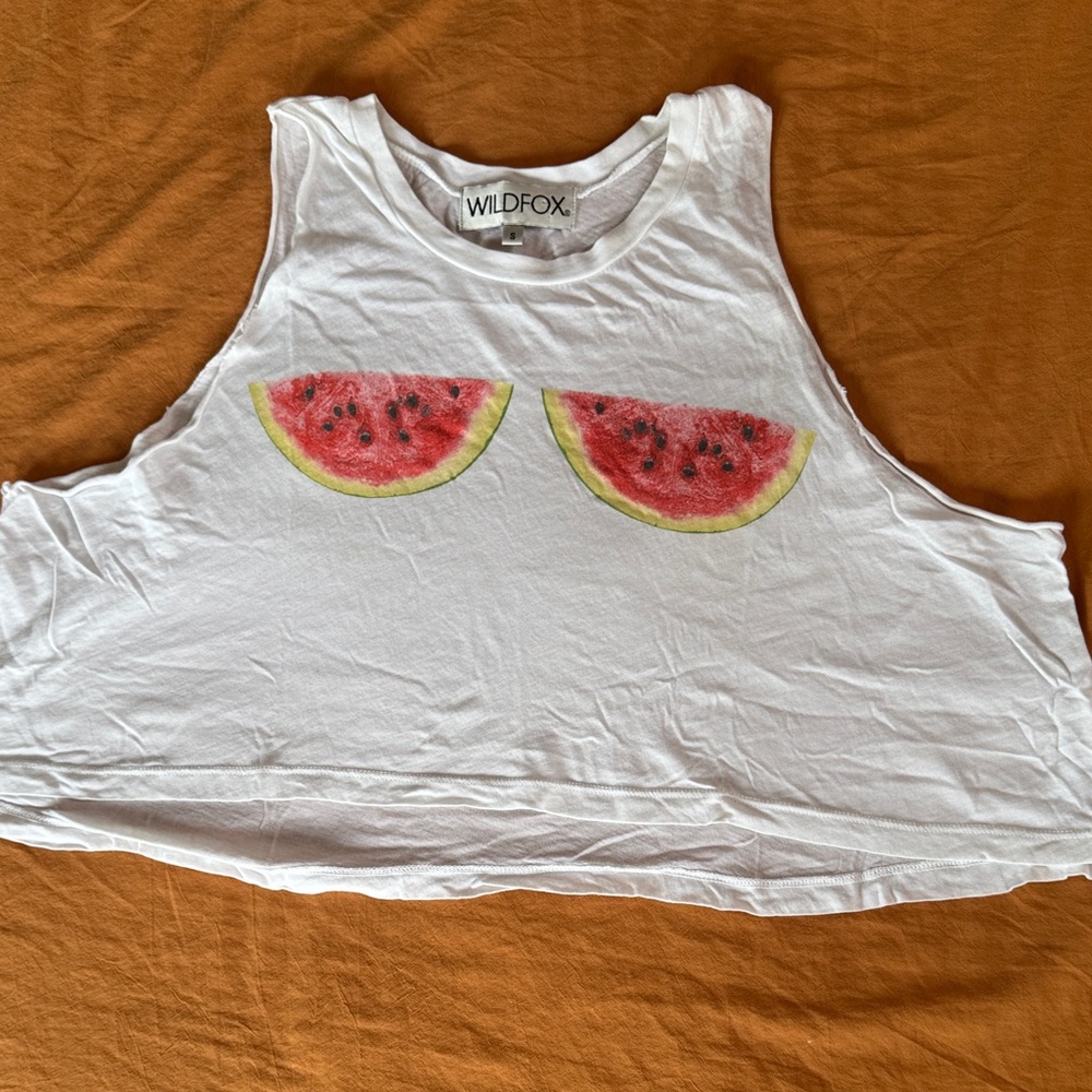 Wildfox White Cropped Tank with Watermelon Print